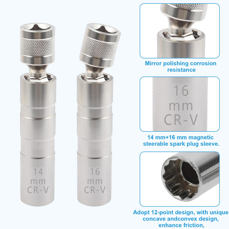 16mm 5/8" Spark Plug Socket Set,Thin Walled Magnetic Spark Plug Socket,Car Accessories Universal Joint 3/8" Drive 12 Point Swivel Socket Removal Tool,Compatible with Motorcycle,Car,SUV 16mm ×4''