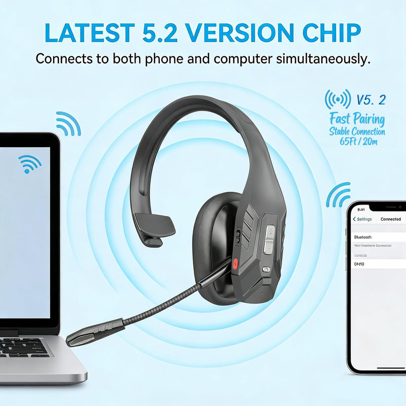 SINWE Trucker Bluetooth Headset with Noise Reduction Microphone | Wireless Trucker Headset with Mute Button, 70H Playtime, Dual Device Pairing for Driving, Work, and Call Center, Black Comfort