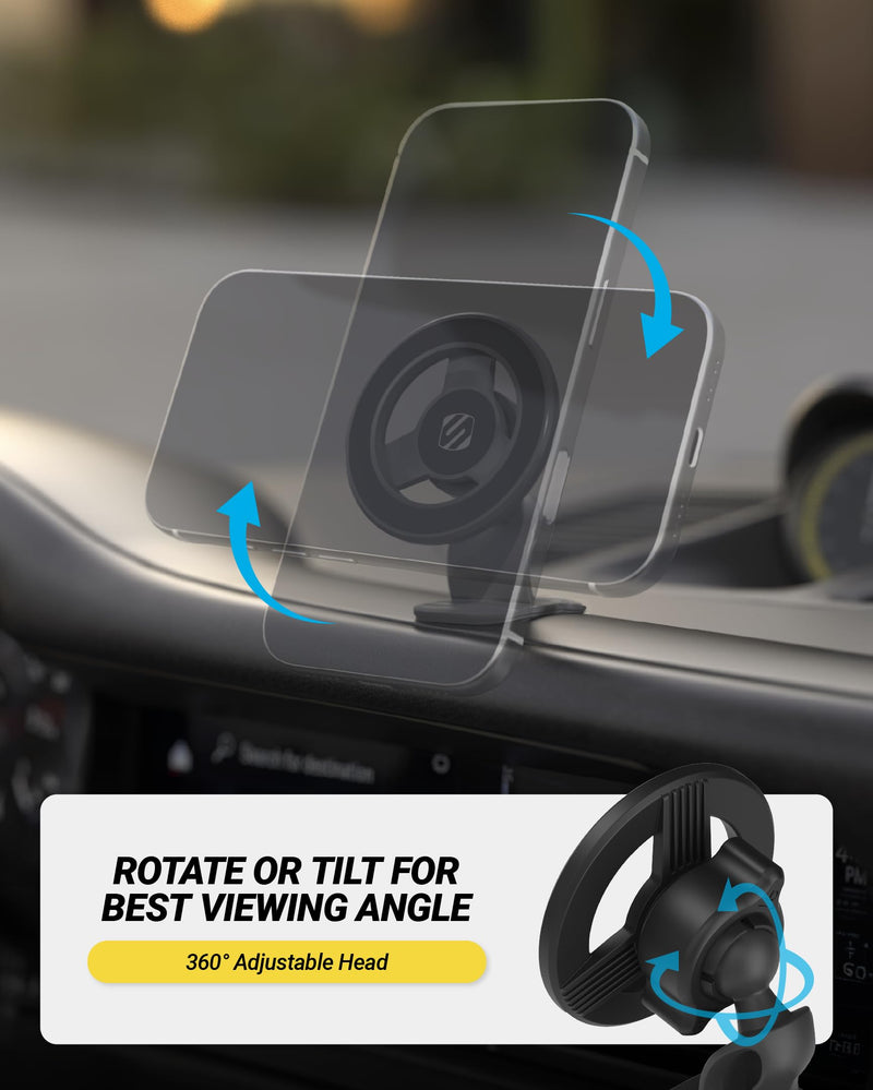 Scosche MagSafe Car Mount, Magnetic Dashboard Phone Holder for Car with 3M Adhesive Base, Strong Magnet Hold, 360° Rotatable Cell Phone Car Mount for iPhone 17/16/15/14/13/12, Includes Magnetic Ring 1 Pack Dash
