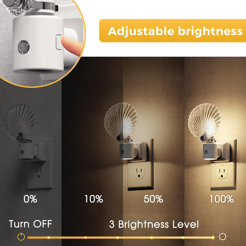 L LOHAS LED Night Light, Night Lights Plug into Wall, Shell Style Glass Nightlight Rotating, Dimmable Nightlights Plug in with Light Sensor, Soft White Nightlights for Hallway Bedroom Bathroom, 2 Pack