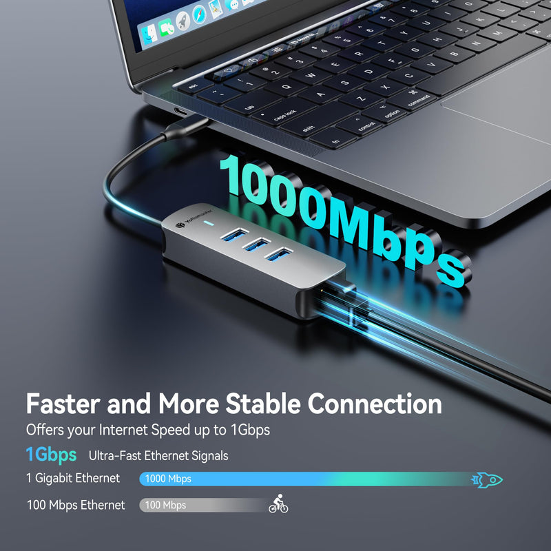 Yottamaster 4-in-1 USB 3.0 Hub with 1 Gigabit Ethernet – 3X USB-A 3.0 Ports, Aluminum LAN Converter, Support Windows 10,8.1,Mac OS, Surface Pro,Linux,Chromebook and More