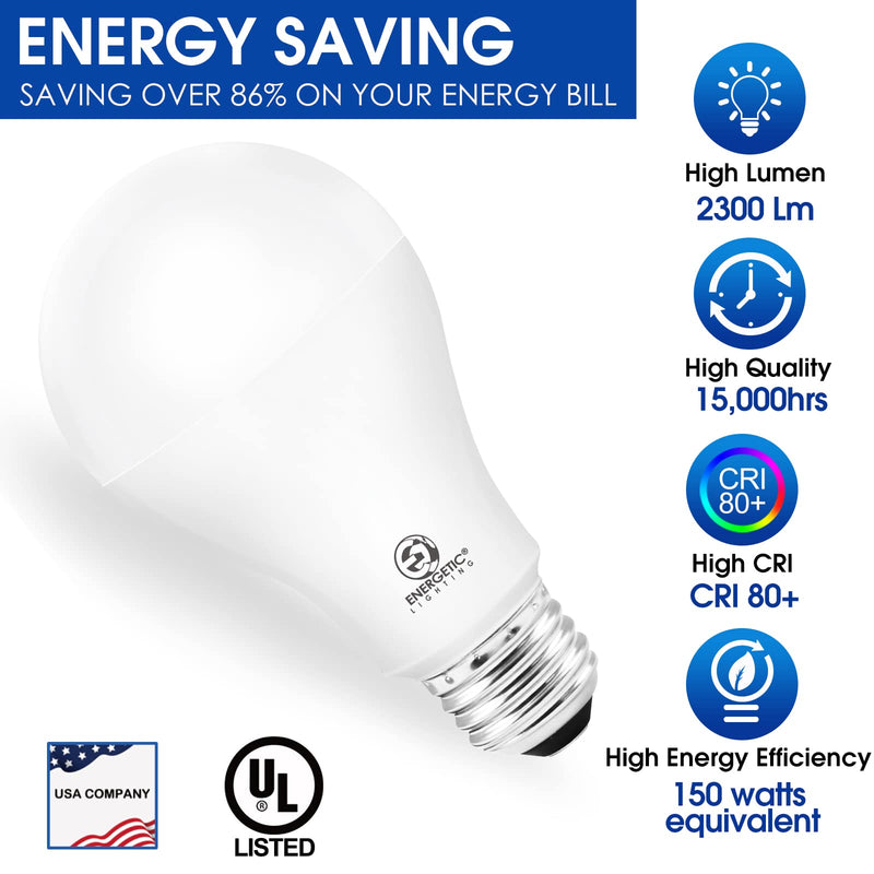 E ENERGETIC LIGHTING 150 Watt LED Light Bulb, Super Bright A21 Daylight 5000K, Non-Dimmable, 2300lm, High Lumen Light Bulbs, UL Listed, 6-Pack
