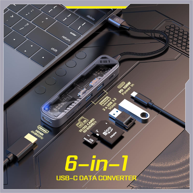 MicroPack USB C Hub 6 in 1, 100W PD Charging, 4K@60Hz HDMI, 2 USB 3.2 GEN1 5Gbps, TF/SD Card Reader, USB C Multi-Port Adapter Docking Station for MacBook Pro Air iPad Laptop Other Type C Devices HDMI+USB 3.2*2+TF/SD