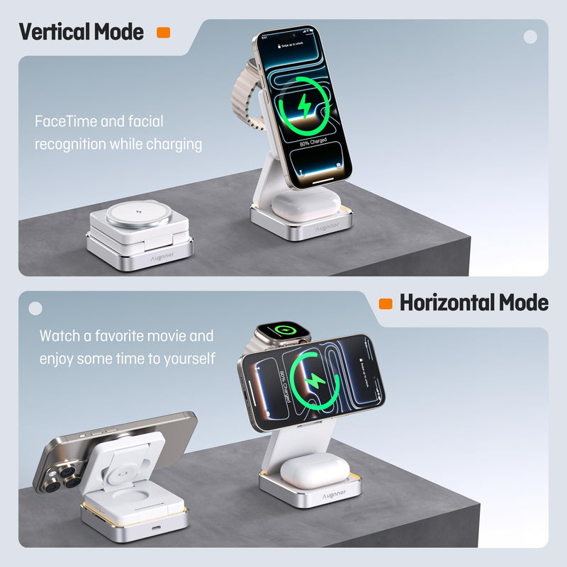 Augnner 25W 3-in-1 Charging Station for Apple Device, White Foldable Magnetic Wireless Charger, Fast Travel Charging Stand for iPhone17/16/15/14/13/12 Series, Apple Watch/AirPods