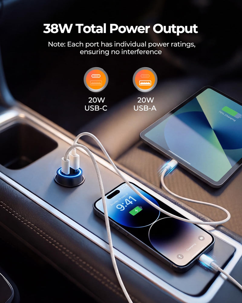 USB C Car Charger,GPS Tracker for Vehicles Cigarette for iOS Find My | 2-Port 40W Super Fast Charging Hidden Portable GPS Tracker Anti-Theft (iOS Only),No Monthly Fee Subscription-Grey Grey