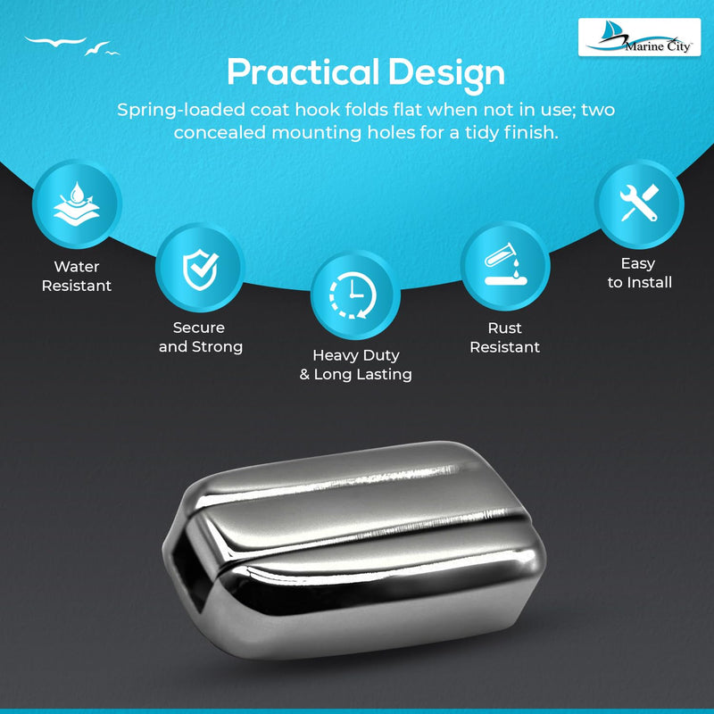 MARINE CITY 316 Stainless Steel Spring Folding Hat and Coat Hook - Strong, Durable, Foldable, Mirror Polished - Ideal for Boats, Yachts, Hardware Accessories