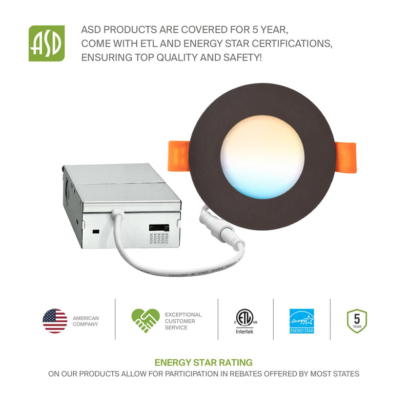 ASD 6 Pack 3 Inch LED Recessed Light 6W, 5 CCT 2700K-5000K CRI90+, IC Rated Ultra Thin Dimmable Ceiling Lights with J Box, Canless Wafer Downlight, Round Slim Panel Lighting, Energy Star ETL, Black 3 Inch 6 Pack