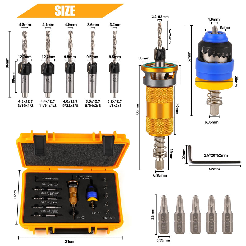 Countersink Drill Bits Set with Depth Stop and Screw Depth Controller (12PCS), Quick Change Hex Shank Countersink Drill with Phillips Bit for Wood, Plastic, Woodworking 12PCS Four Blades Countersink Bits with Phillips Bit