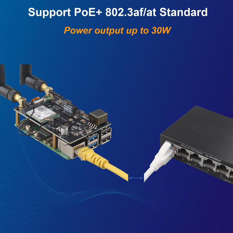ZDE ZP585 PoE+ HAT PCIe to M.2 E Key WiFi7 6 6E 5 HAT Adapter Expansion Board Power Over Ethernet for Raspberry Pi 5 Support Google TPU WiFi 7 BE200 WIFI6E AX210 MT7922 WIFI6 AX200