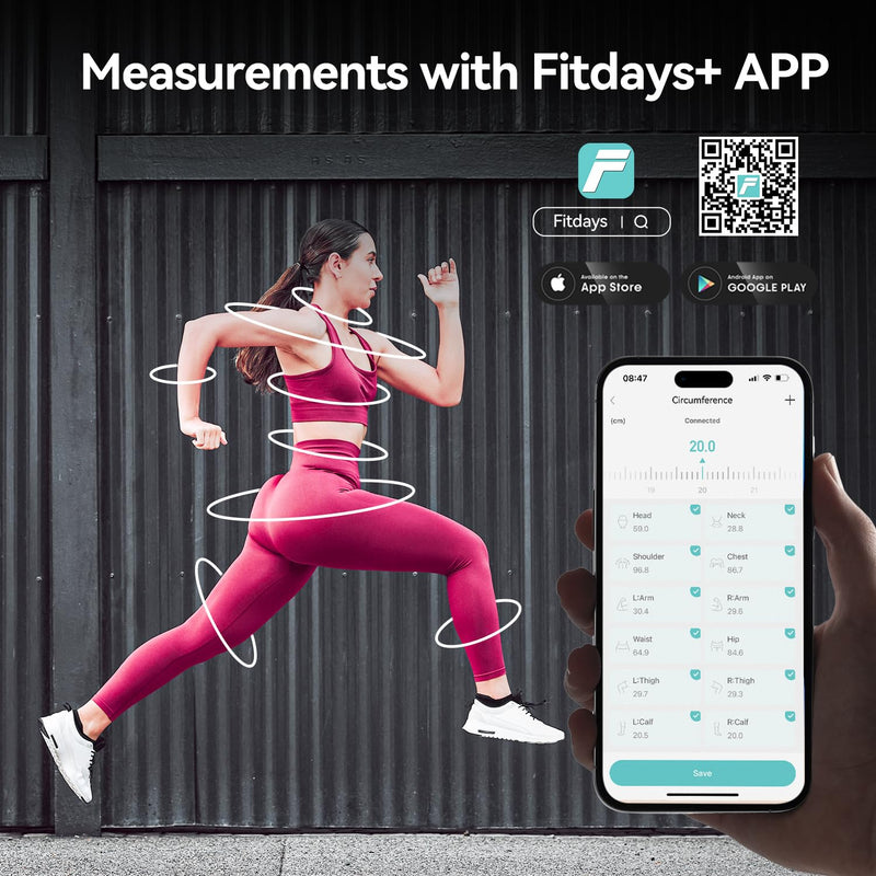 Fitdays Smart Body Tape Measure with Bluetooth Fitdays APP for Body Fat & Muscle Measurement, LED Display,Type-C,Unlimited Users (Pink) PINK