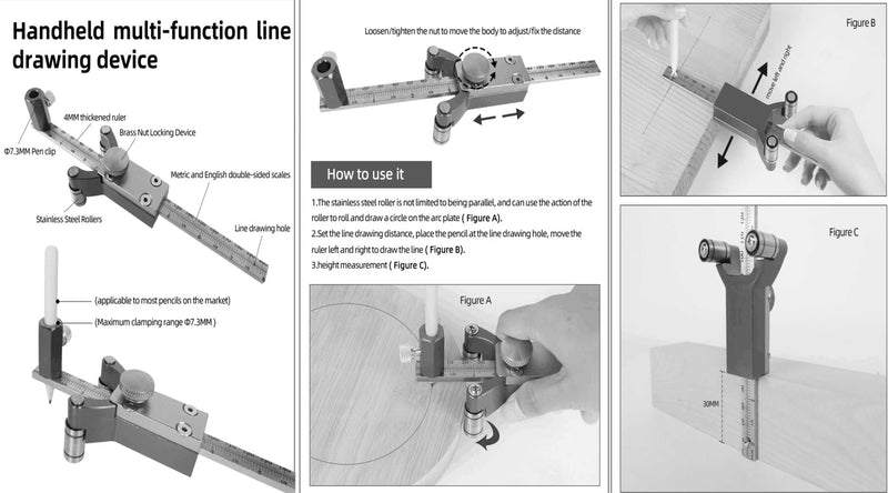 Latest Models Multifunctional scribing Ruler Parallel line Drawing Tool Gauge with Straight line arc Measurement DIY Woodworking scribing Tool Type2