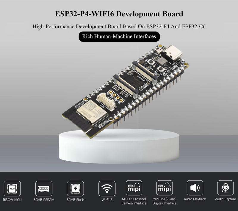 AI ESP32-P4-WIFI6 Development Board with Pre-Soldered Header, Based On ESP32-P4 and ESP32-C6, Supports Wi-Fi 6 and Bluetooth 5 / BLE, Rich Human-Machine Interfaces, Supports AI Speech Interaction