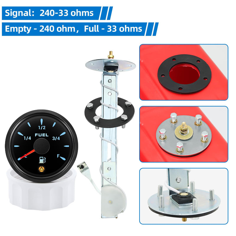 240-33ohm Fuel Sending Unit & Gauge Combo - 5-27" Fuel Tank Sensor, 7-Color Backlight with 5 Signal, Waterproof Fuel Level Gauge for Boats, Marine, Trucks, Automotive (Black) Black 5"-27"