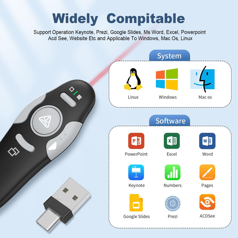 QUI 2 Pack Presentation Clicker, Wireless Presenter Remote Clicker for PowerPoint, Slide Advancer for Mac, Windows, Google Slide, Keynote (USB Type-c, Black Pink) USB Type-c