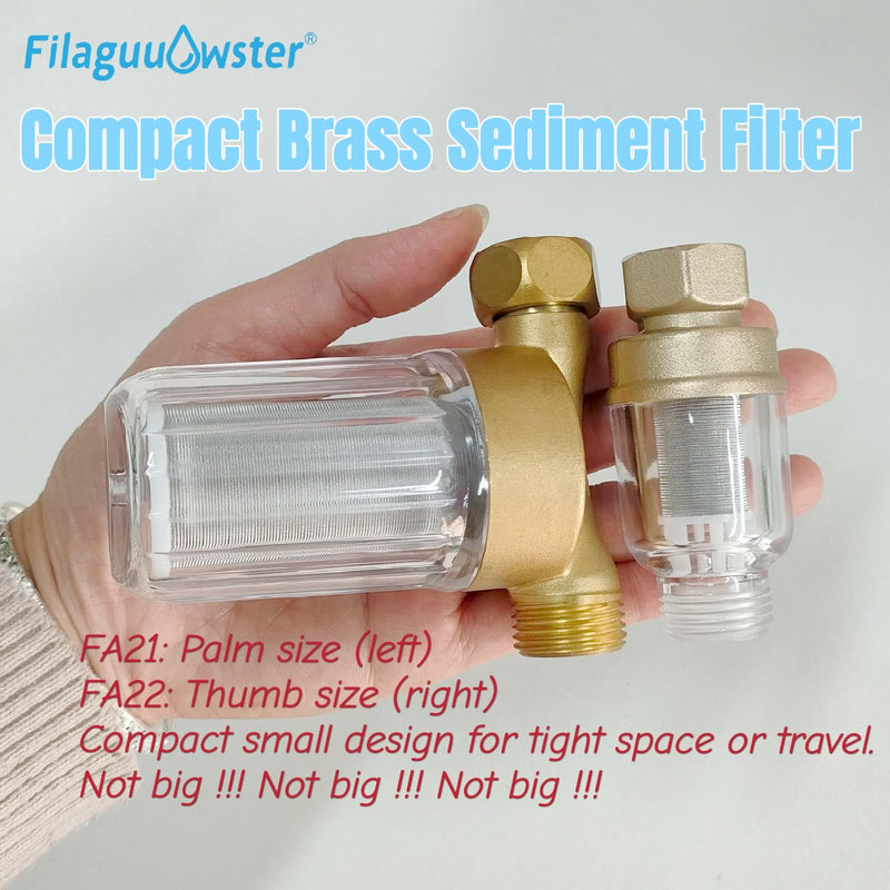 FA21 Brass Water Filter for Shower, Washing Machine Filter, 40-50 Micron, Reusable Sediment Filter, Traps Sand Rust, 1/2" Fittings w/ 3/4" Adapters