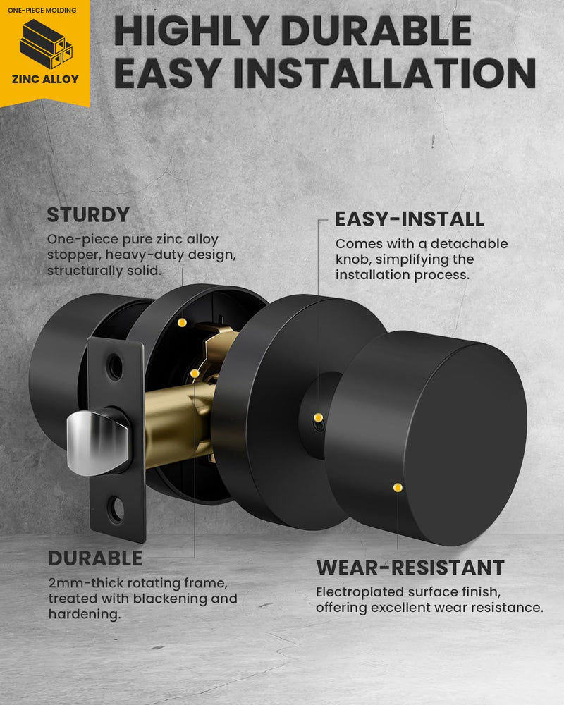 Goldenwarm Black Closet Door Knobs, Zinc-Alloy Matte Black Interior Passage Door Knobs, Heavy Duty Round Indoor Doorknobs, Interior Doorknobs for Closet, Hallway, 1 Pack