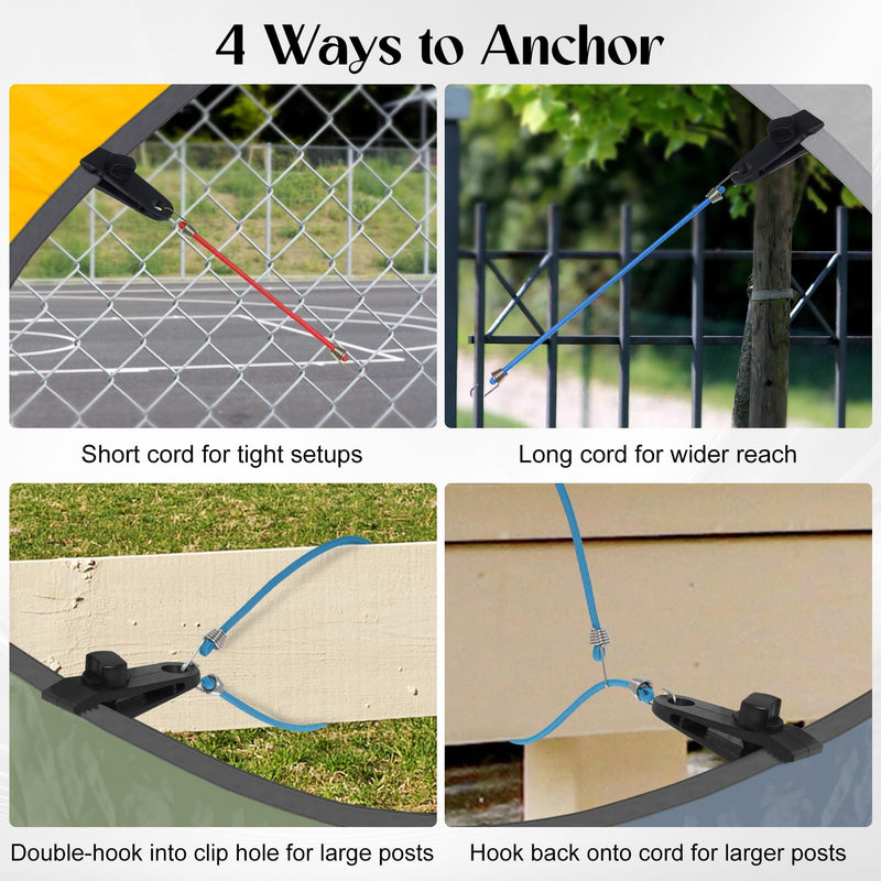8 Reinforced Nylon Tarp Clips with 8 Bungee Cords (10" & 18"). Heavy Duty Lock Grip for Tent, Car & Pool Awning Cover. Canopy Clamps.