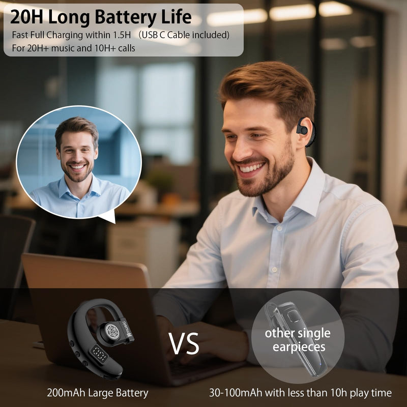 Hmusic I6 Bluetooth Earpiece – Single Ear Headset with ENC Mic, Bluetooth 5.4, 20H Battery with LED Power Display, 180° Rotatable Wireless Headset for Work, Driving & Office Calls | 180° Rotatable Earbud, ENC Mic, 20H Battery with LED Power Display, Mo...