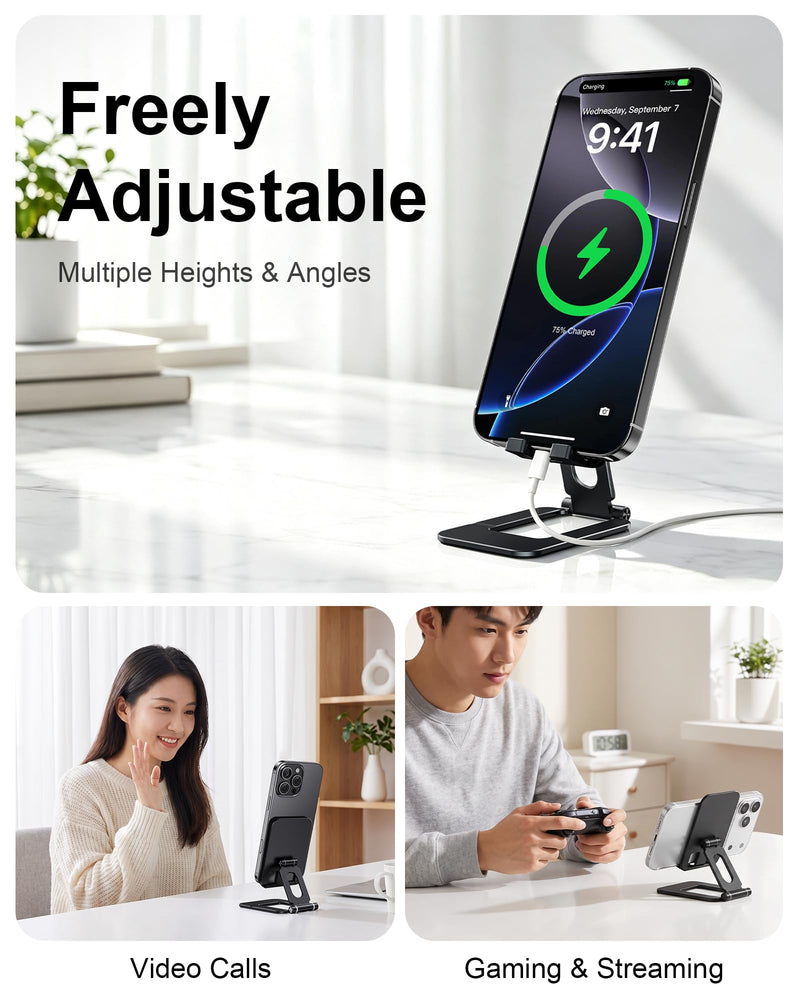 Adjustable Foldable Phone Stand for Desk, Premium Aluminum Cell Phone Holder, Portable Multi-Angle Desktop Stand Compatible with iPhone, Galaxy, iPad, Tablets & All Smartphones