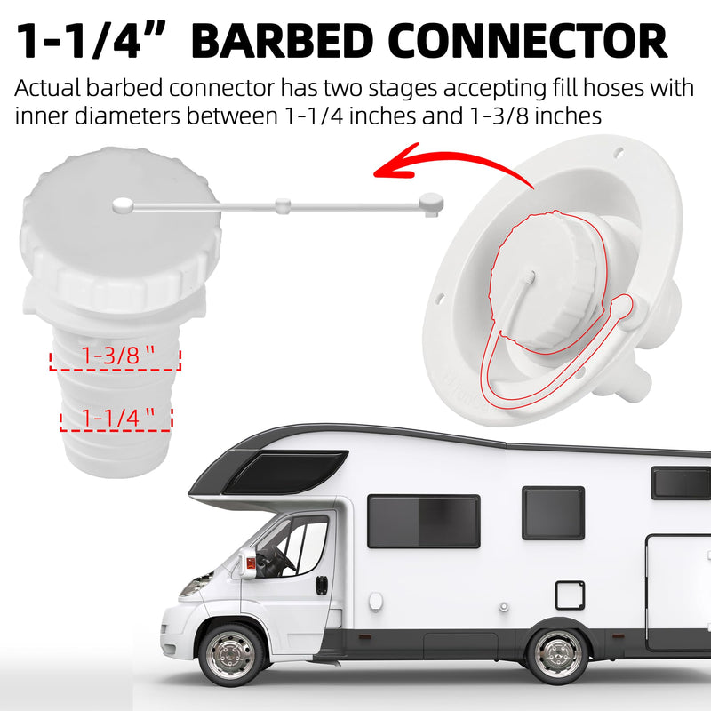 TonGass (2-Pack, White) Universal Fit Gravity Feed Fresh Water Fill Hatch Inlet for RV Trailers, 4.5" Diameter Fill Hatch Inlet - With 1-1/4 Barbed Connector, Bayonet-Style Cap and 1/2" Air Vent