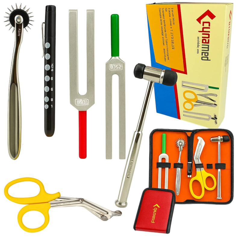 Cynamed Set of 6 pcs Reflex Percussion Buck Hammer + Penlight +Tuning Fork C 128 C 512 + Bandage Scissors 7.25" + Wartenberg Pinwheel (Set of 6)