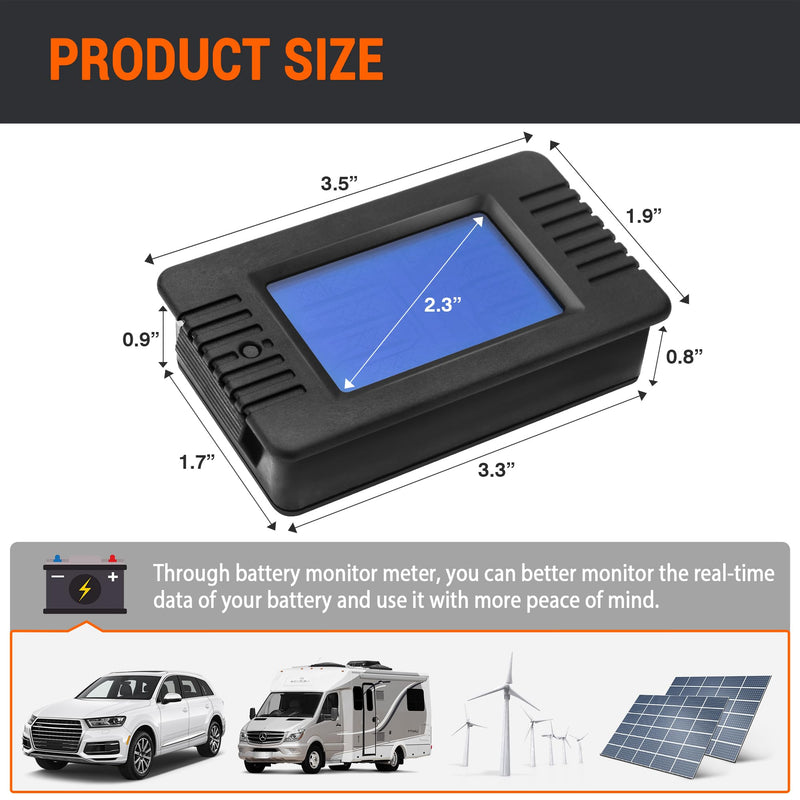 DC Multifunction Battery Monitor Meter, 0-200V 0-100A LCD Display Digital Current Multimeter Voltmeter Ammeter for Cars Rv Solar System