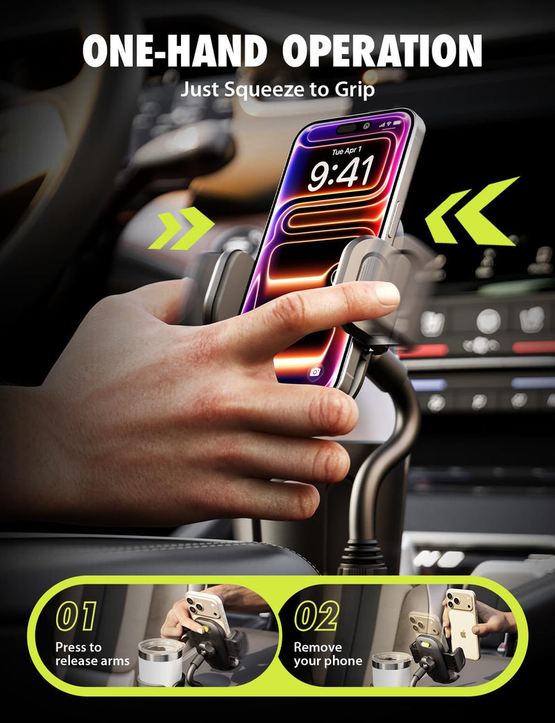 Bracketron TripGrip 2.0 Cup Holder Phone Mount, Metal Gooseneck | TripGrip 2.0 2-in-1 cup holder phone holder with metal arm, one-click release, and expandable base for trucks