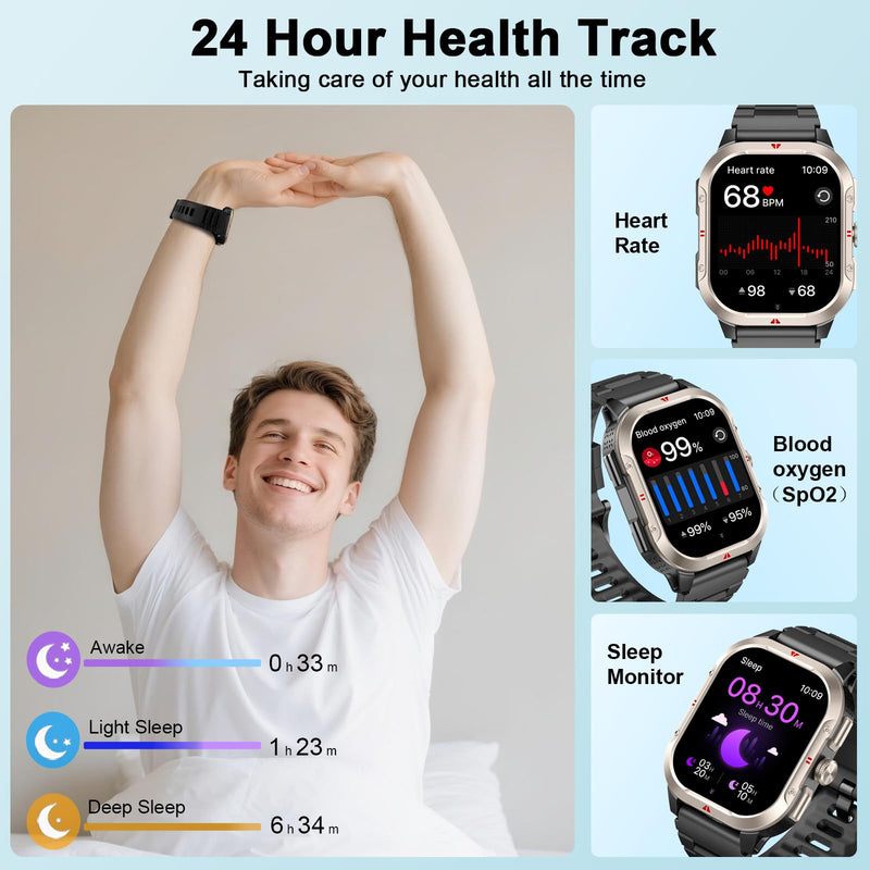 Smart Watch for Men Built-in GPS, 2.06" Military Fitness Tracker IP68 Waterproof, Fitness Watch with Heart Rate/Sleep, Smartwatch with Answer/Make Calls, 100+ Sport Modes for iPhone/Android, Black A-Black