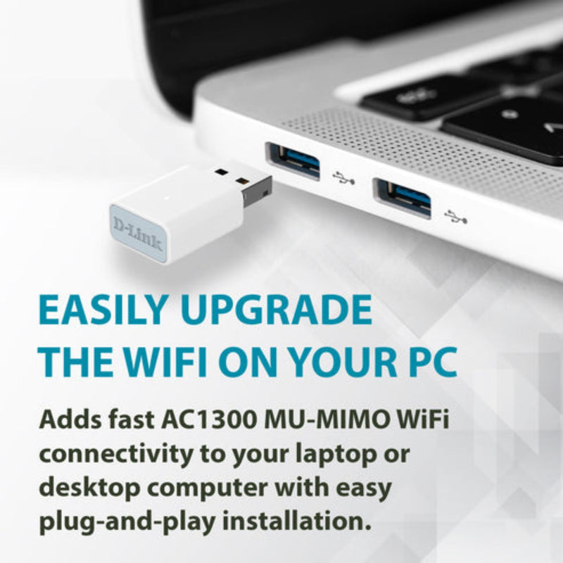 D-Link AC1300 USB WiFi Adapter —2.4/5GHz Dual Band Wireless Internet Travel Size for Desktop PC Laptop —MU-MIMO Plug & Play —Supports Windows 10/11 Drivers —WPA3 Enhanced Security (AC13U) AC1300 USB Adapter White