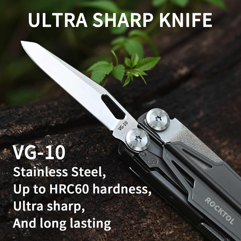 ROCKTOL Multitool SK02, VG-10 Knife,19-in-1 Multi-tool Pliers with Titanium-plated Handle,Compact & Lightweight EDC Multi Tool with Nylon Sheath for Men,Outdoor Survival,Hiking,Camping VG-10 Knife Blade