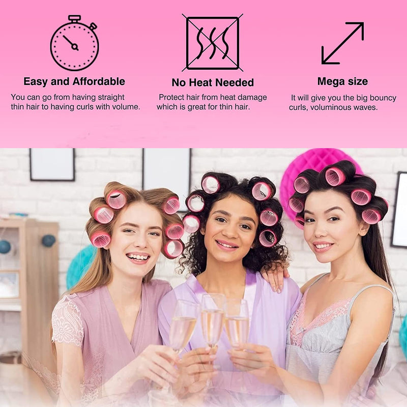 24 Pcs Hair Rollers Set, Hair Curlers With 12 Pcs 64MM Self Grip Jumbo Hair Rollers & 12Pcs Duckbill Clip, Salon DIY Hairdressing Curlers Hair Curlers Rollers Tools for Long Medium Short Hair 64MM-Rose Red