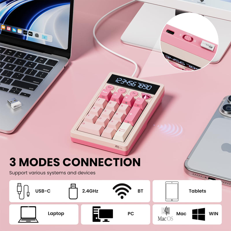 RK ROYAL KLUDGE M20 Wireless Number Pad, Mechanical Numpad with LCD Display, PC Numpad & Calculator Modes, Programmable Numeric Keypad, Bluetooth/2.4G/Wired, RGB Hot-Swappable for Win/Mac Pink Linear Creamy Switch