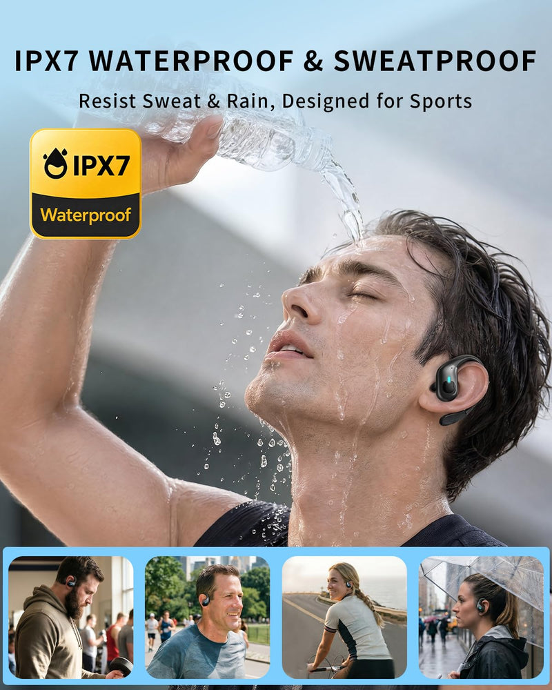 Active Noise Cancelling Ear Buds Wireless Earbuds 90H Playtime Bluetooth Headphones Stereo Bass Over-Ear Hooks Earphones with Power Display Case IPX7 Waterproof Headset for Workout/Running, Black