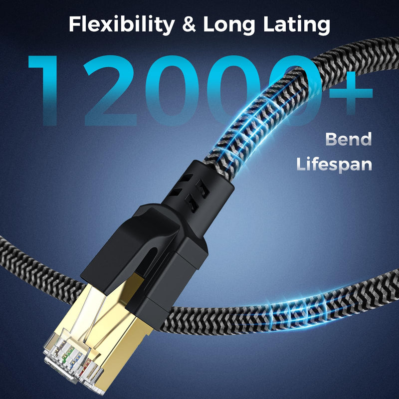 Cat 8 Ethernet Cable 50FT, High-Speed Braided Internet Cable Network Cord with Gold Plated RJ45 Connector 40Gbps 2000Mhz Heavy Duty LAN Cable Shielded Indoor