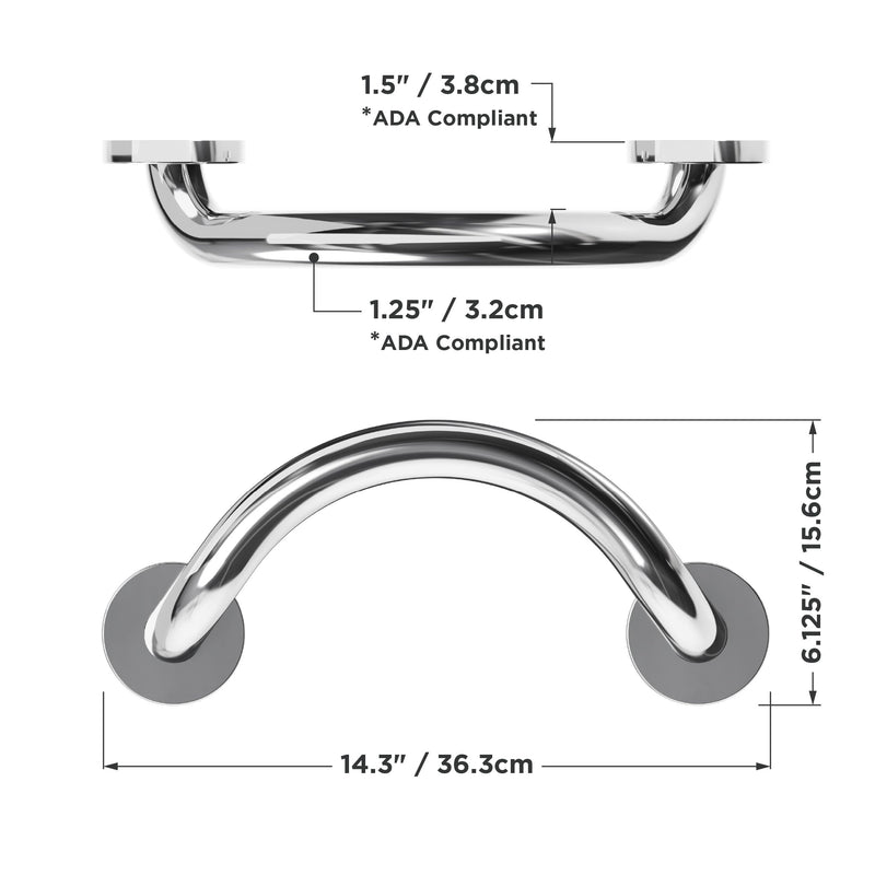 HEALTHCRAFT Plus Crescent Grab Bar 14.3", ADA Bath Safety - Polished Chrome | Curved crescent design, concealed screws, decorative safety bar