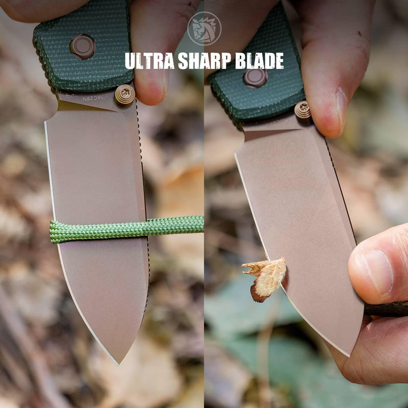 Vosteed Raccoon2.0 EDC Folding Pocket knives - Top Liner Lock, 3.25" Sandvik 14C28N Steel Rose Gold Blade, Green Micarta Handle for Camping Hiking - A2907 Green-Copper Dune