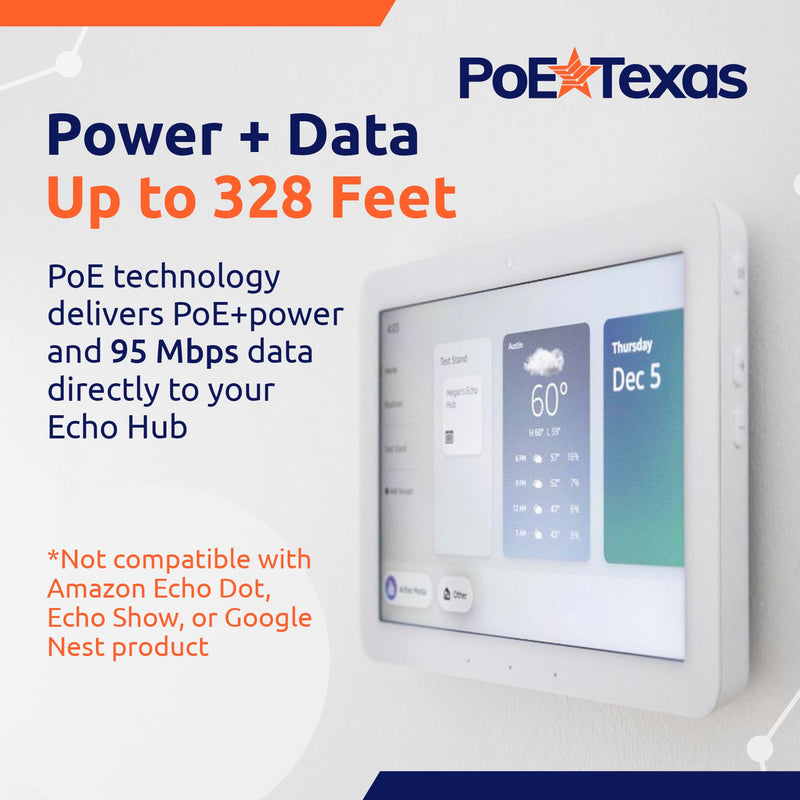PoE Texas at-HUB PoE+ to USB-C Power and Data Delivery for Amazon Echo Hub Smart Home Control Panel - Power Output, 10/100 Mbps Speeds with USB-C Cable - Compatible with 802.3at PoE+ Switch