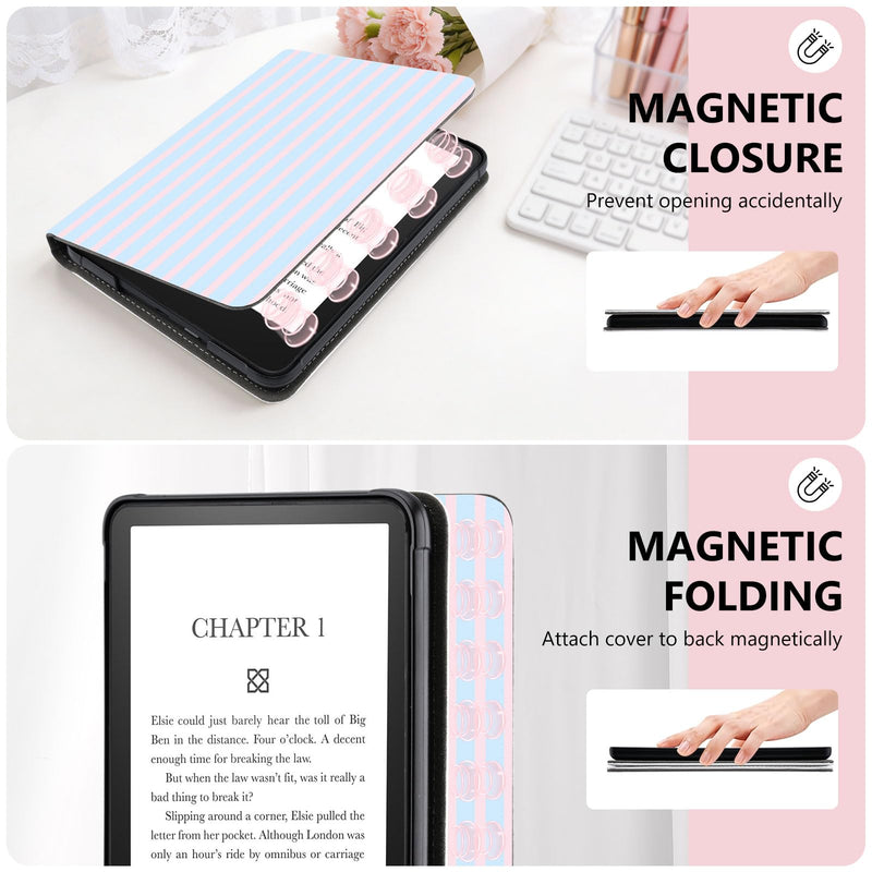 Stand Case for 7" Kindle Paperwhite 12th Pink Blue Stripes | Compatible with Kindle Colorsoft Signature Edition 2024 with Hand Strap | Slim Leather Protective Cover with Auto Sleep/Wake 7" Kindle Paperwhite 12th Generation