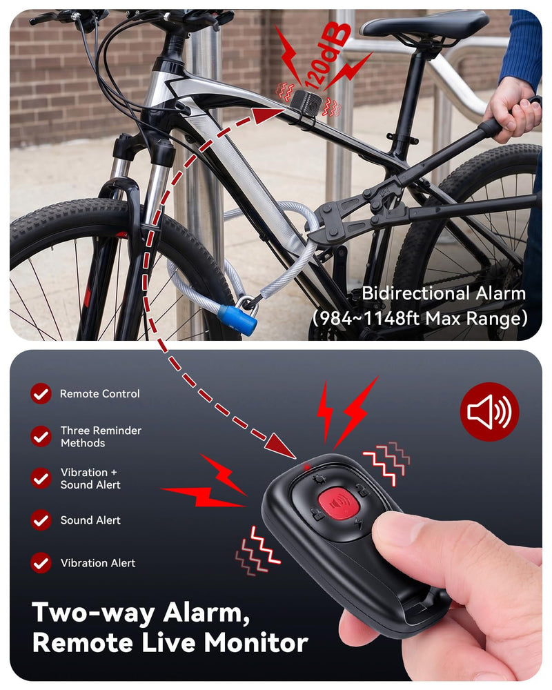 WSDCAM Two-Way Bike Alarm 120dB, USB-C Rechargeable with Remote | Anti-Theft Vibration Alarm System, 1148FT Wireless Range, IP65 Waterproof, Bike Alarm For Ebike Motorcycle Scooter