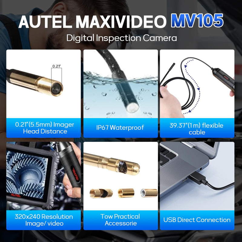 Autel MaxiVideo MV105 Inspection Camera, USB Digital Waterproof Borescope, 39.37 '' Flexible Cable Industrial Endoscope, Compatible with PC MK808/MS906S/MK906/MS908/MK908/MS909/MS919/Ultra/UltraLite