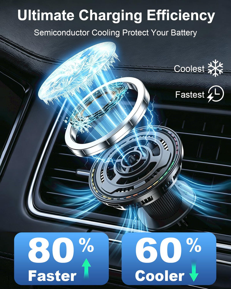 Wireless Car Charger with Semiconductor Cooling, Magnetic Phone Mount for iPhone 17/16/15/14/13 Series, 15W Fast Charging Car Holder with RGB Ambient Light, Auto-Aligning Vent Clip Mount