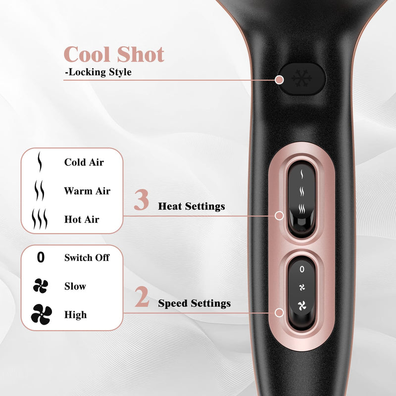 YASHE Professional Hair Dryer, 2 Speeds & 3 Heat Settings, Cool Shot, 2000W Blow Dryer with Precision Concentrator Nozzle, 1.8m Cord & Hanging Hook, Matte Black & Rose Gold