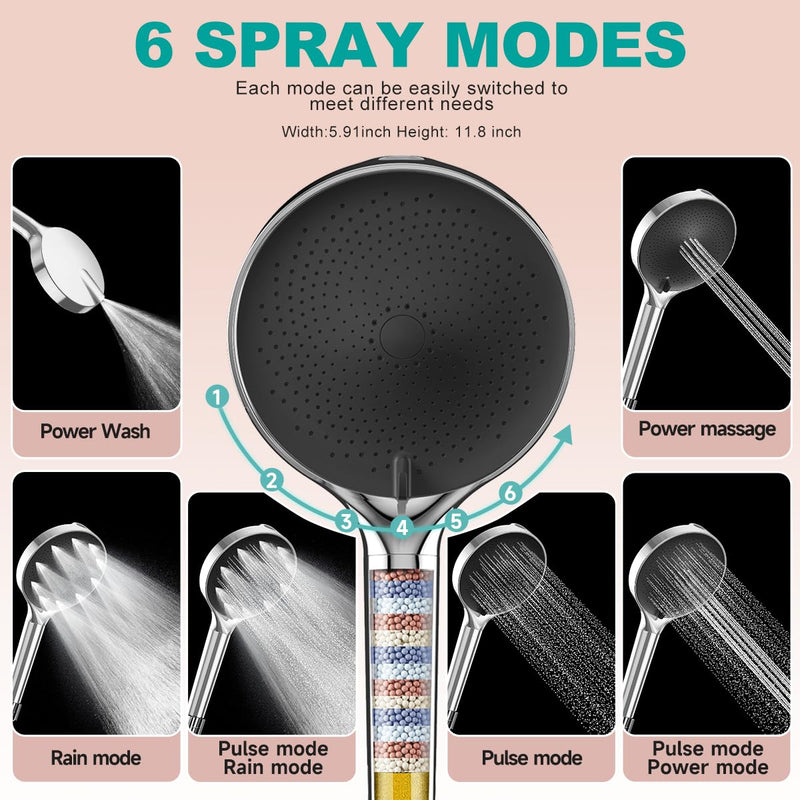 6“ Filtered Shower Head with Handheld, 6-Spray High Pressure Shower Head with Filter for Hard Water, Detachable Handheld Showerhead with Hose and Shower Arm Bracket, Chrome-Black Luxury Modern Chrome -Black