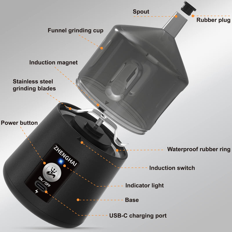 Electric Herb Grinder 150W Spice Grinder USB-C Rechargeable, Compact Size, Easy On/Off. Fast Grinding Dry Spices Herbs, with Pulse Mode and Cleaning Brush (Black) 30g Black