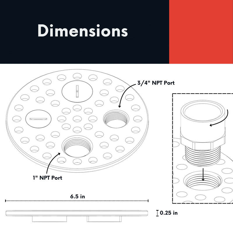 6.5 Inch Plastic Floor Drain Cover Replacement – Round Floor Drain Strainer with 4 Threaded Drain Ports, Includes Fittings, Basement & Garage Drain Grate Kit