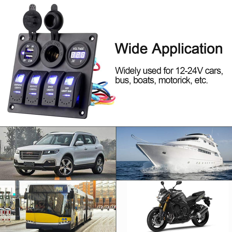 4 Gang Waterproof Marine Rocker Switch Panel, 12A 24V Boat Switch Panel with 2.1A USB Fast Charger, Digital Voltmeter, Cigarette Lighter Socket, Switch Panel for Pontoon Boat RV Truck ATV UTV 4 Gang Blue