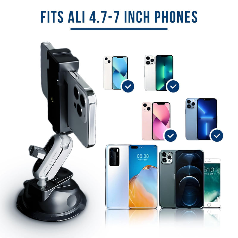 Suction Car Phone Mount Windshield, Universal 360° Rotating Car Window Phone Mount Video Recording Vlog Selfie Live Streaming Car Phone Holder for DJI GoPro Insta 360 Camera Black
