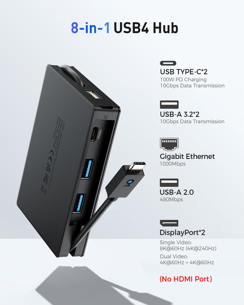 Cable Matters 8-in-1 Portable 40Gbps USB4 Hub (USB 4 Dock) Dual DisplayPort 4K@60Hz, Single DP 4K@240Hz/8K@60Hz, 100W PD, Gigabit Ethernet, Limited macOS Display Support, Thunderbolt 4 Compatible