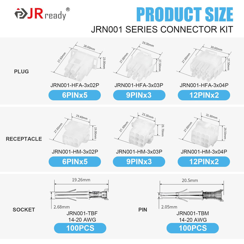 JRready ST6513 220Pcs Pin Connector Kit 6 9 12Pin Electrical Wire Connectors 2.13MM Diameter Terminal 14-20AWG Pin Sockets Compatible with Molex MLX 6.35mm Pitch 10 Match Sets 6/9/12 Pin Standard Molex MLX
