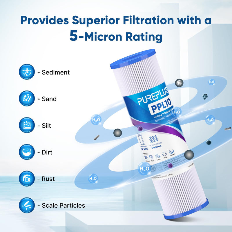 PUREPLUS 5 Micron 10"x2.5" Whole House Pleated Sediment Filter for Well Water, Replacement Cartridge for Universal 10 inch RO System, W50PE, WFPFC3002, SPC-25-1050, FM-50-975, 801-50, WB-50W, 4Pack 4 Count (Pack of 1)